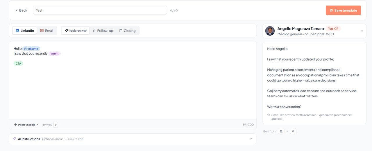 Éditeur de message Gojiberry avec variables, instructions IA et aperçu pour un prospect