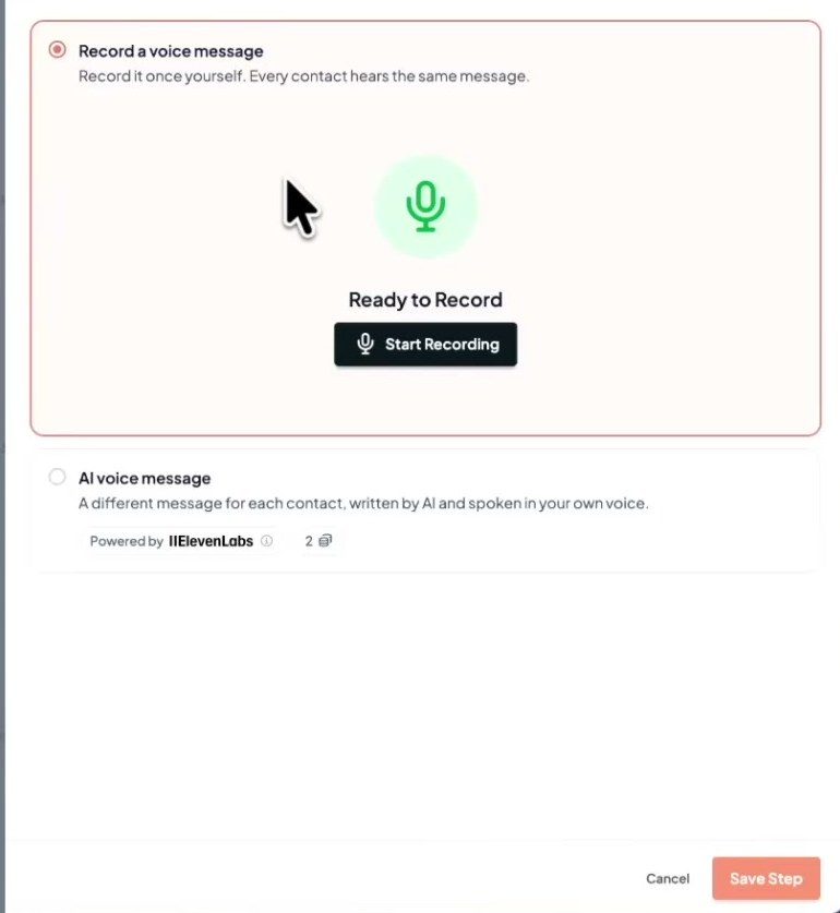 Étape de message vocal dans Gojiberry : enregistrement manuel ou voix IA avec ElevenLabs