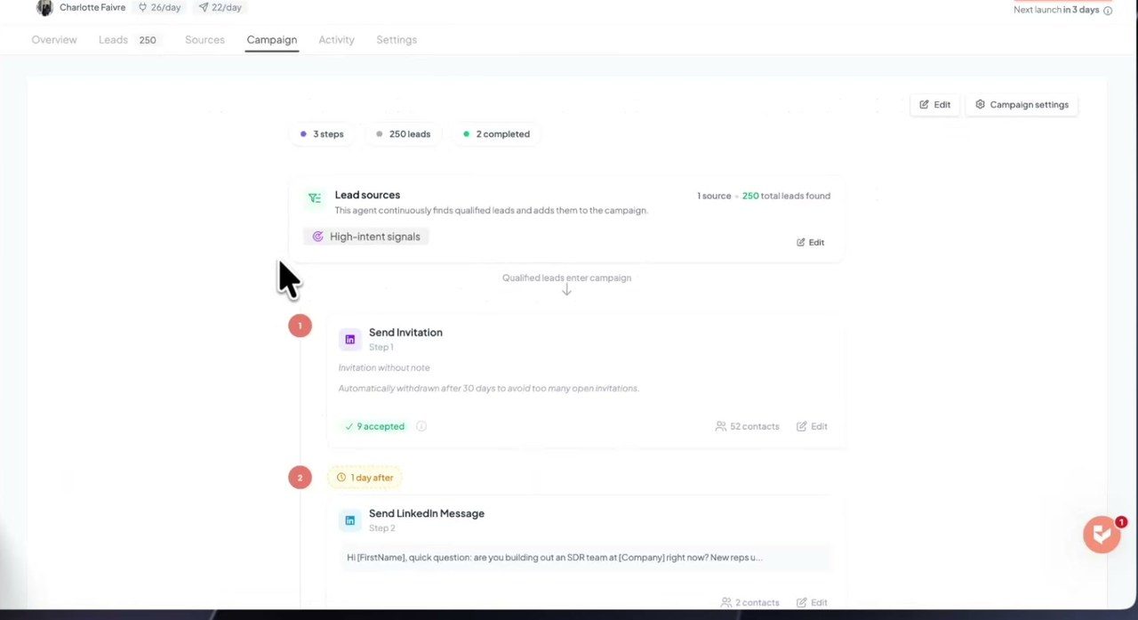 Séquence de campagne Gojiberry : sources de leads, invitation LinkedIn puis message de relance