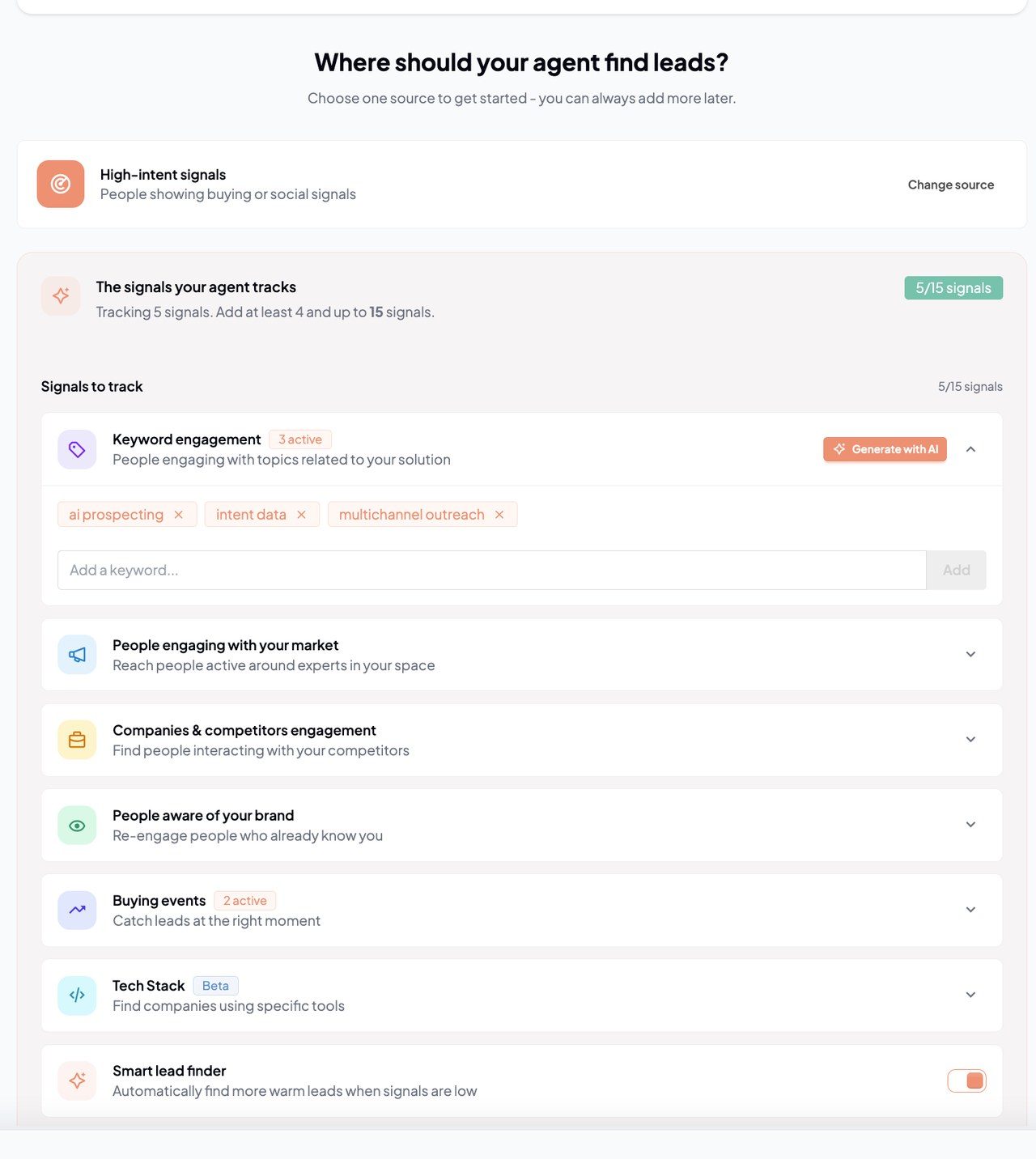Choix des signaux d'intention dans Gojiberry : mots-clés, concurrents, événements d'achat et technologies