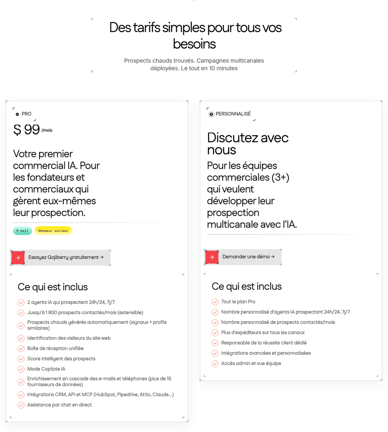 Tarifs de Gojiberry : offre Pro à 99 dollars par mois et offre personnalisée