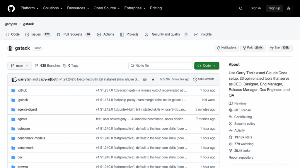 Capture d'écran du dépôt GitHub de gstack