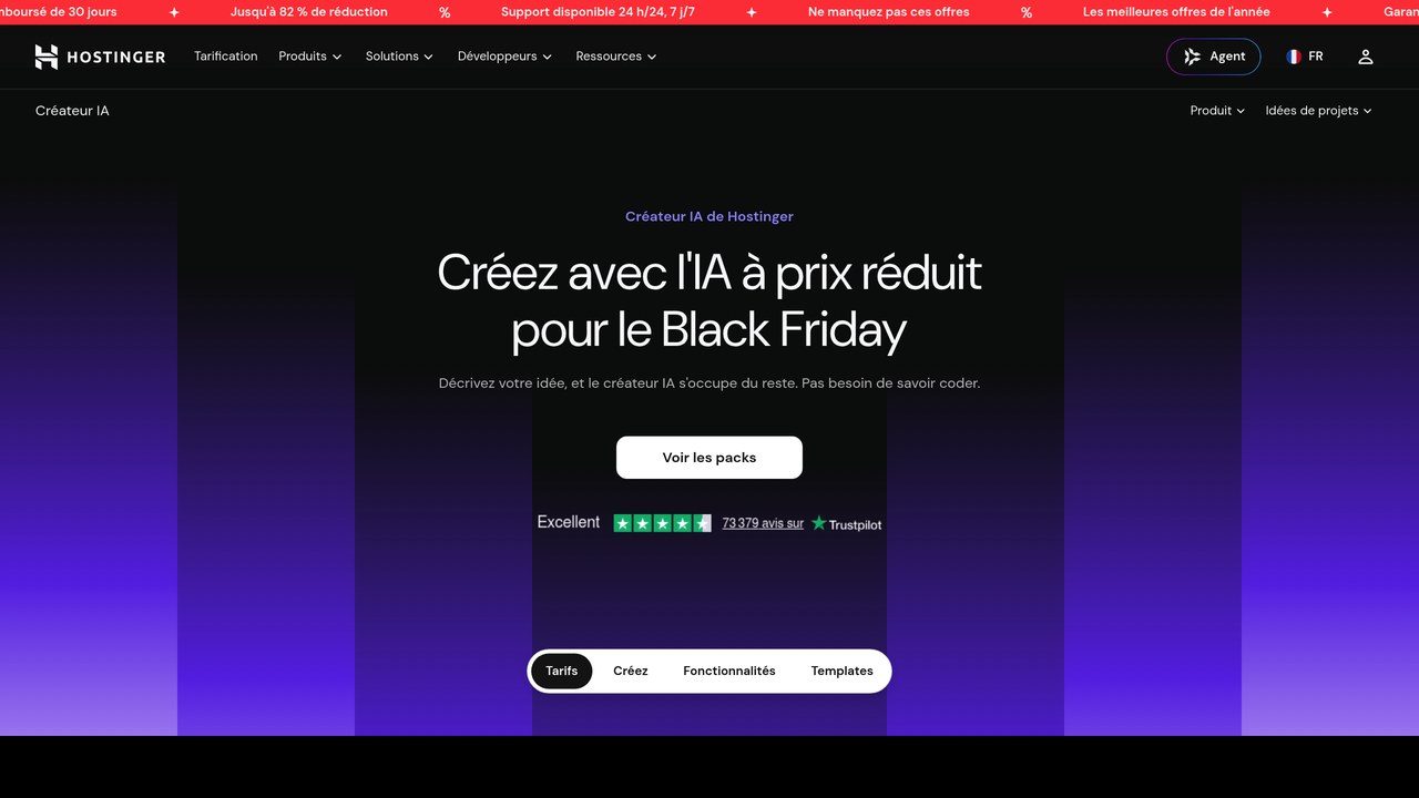 Page d'accueil de Hostinger AI Builder