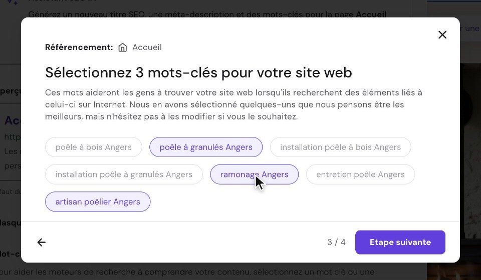 Assistant SEO de Hostinger AI Builder et mots-clés proposés