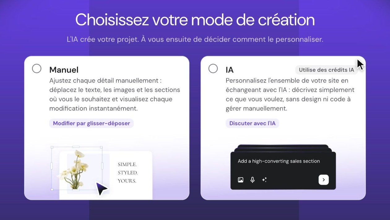 Choix entre le mode manuel et le mode IA dans Hostinger AI Builder