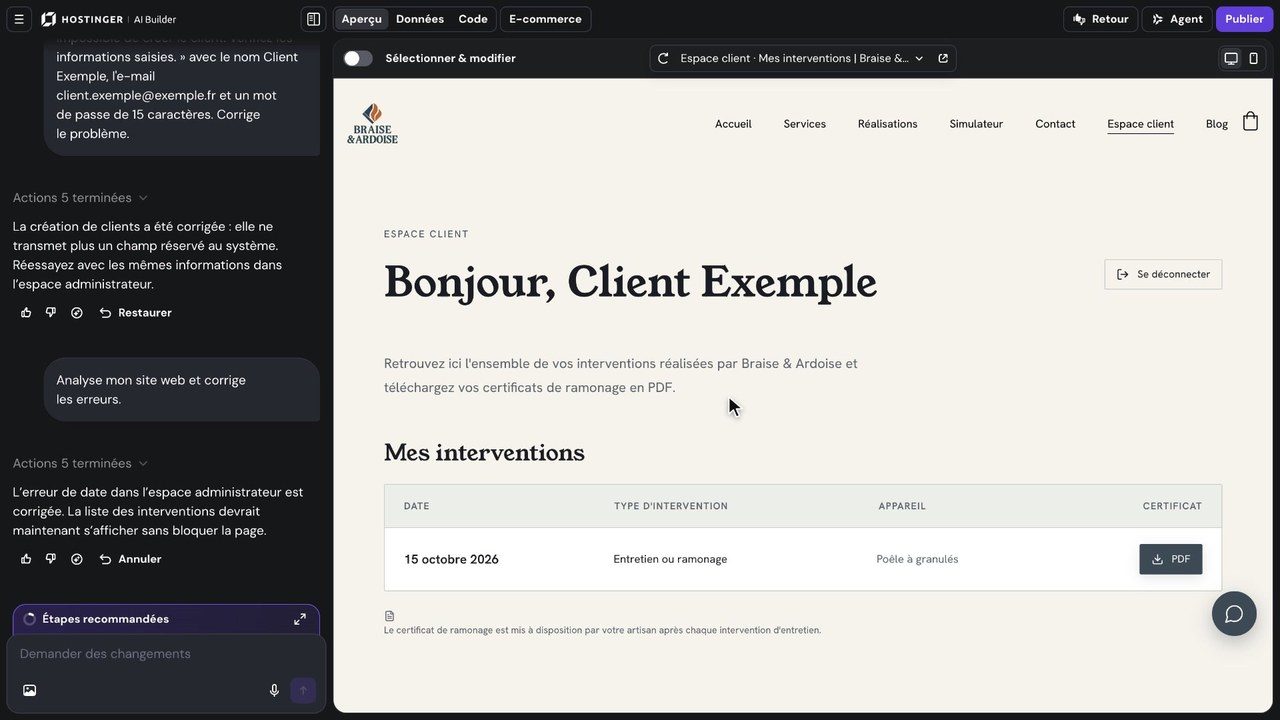Espace client créé avec le mode IA de Hostinger AI Builder