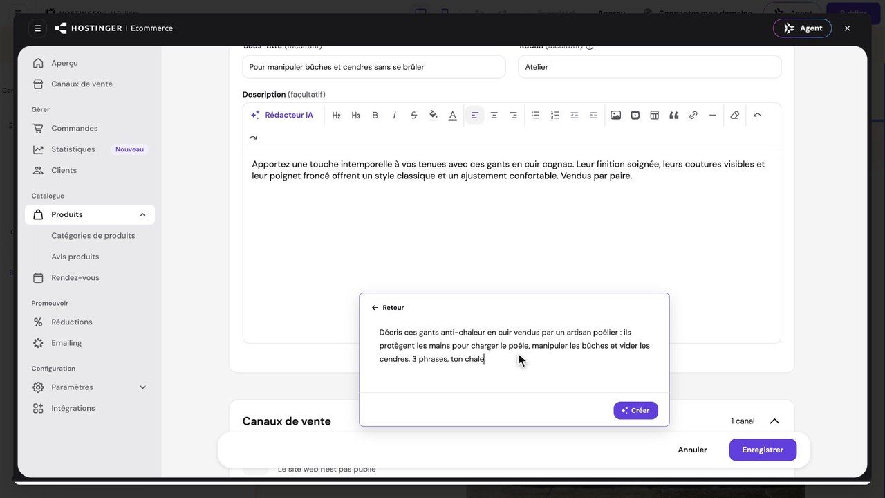 Fiche produit réécrite avec le Rédacteur IA de Hostinger