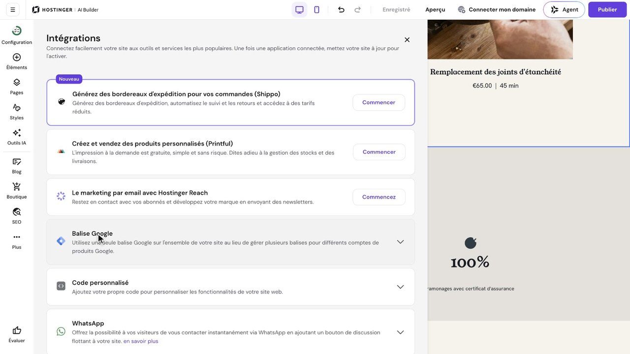 Intégrations disponibles dans Hostinger AI Builder