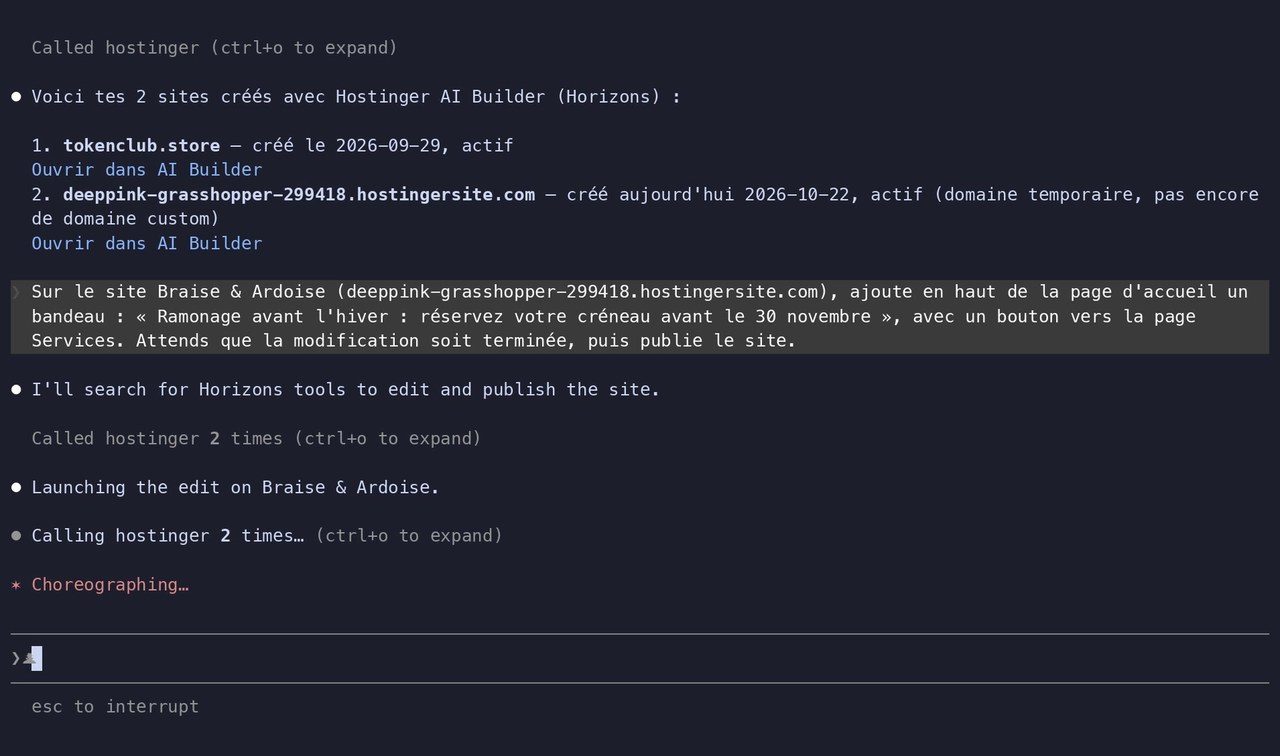 Claude Code qui modifie un site Hostinger via le MCP