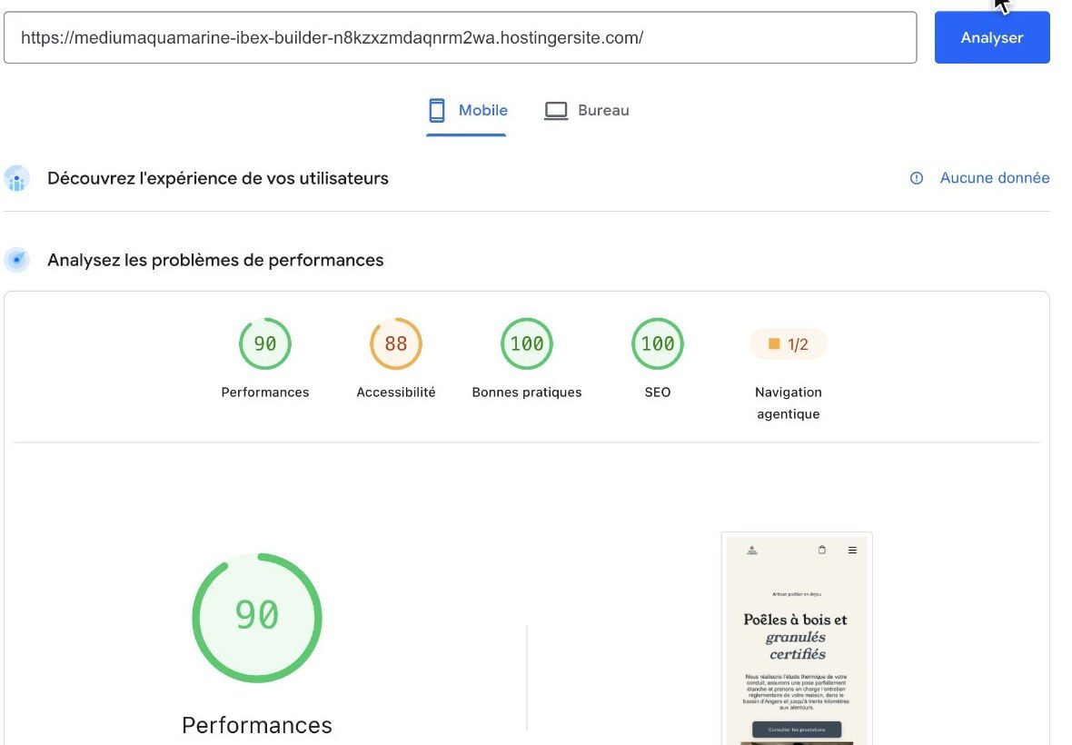 Score PageSpeed mobile du site créé avec Hostinger AI Builder