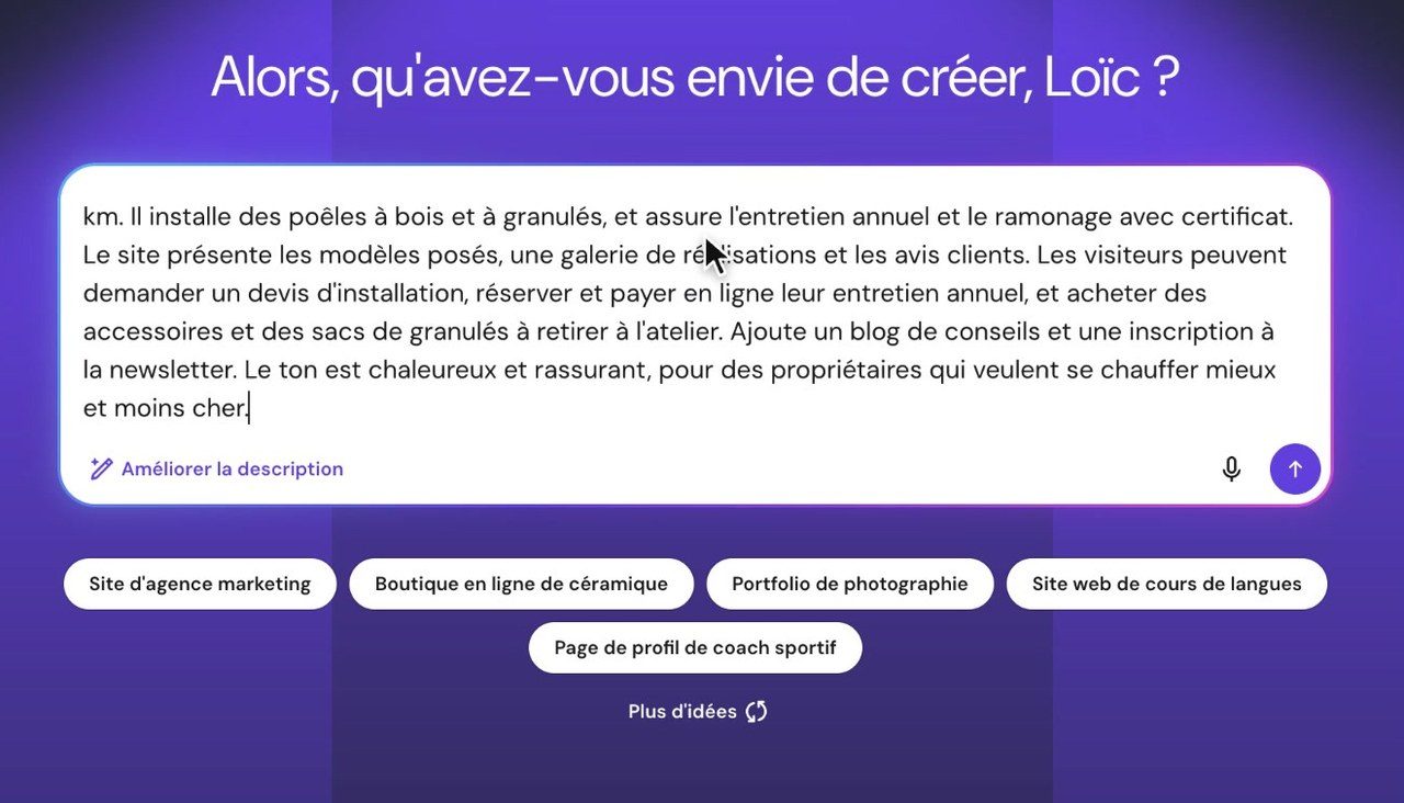 Description du projet dans le créateur IA de Hostinger