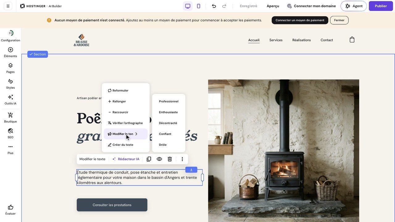Menu du Rédacteur IA dans l'éditeur de Hostinger