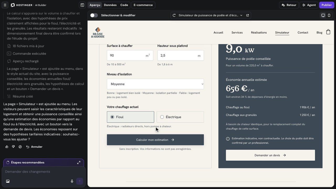 Simulateur de puissance codé par le mode IA de Hostinger