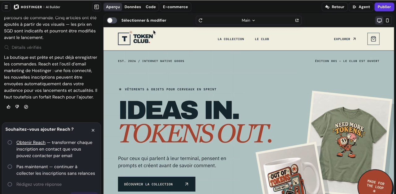 Boutique Token Club dans le créateur IA de Hostinger
