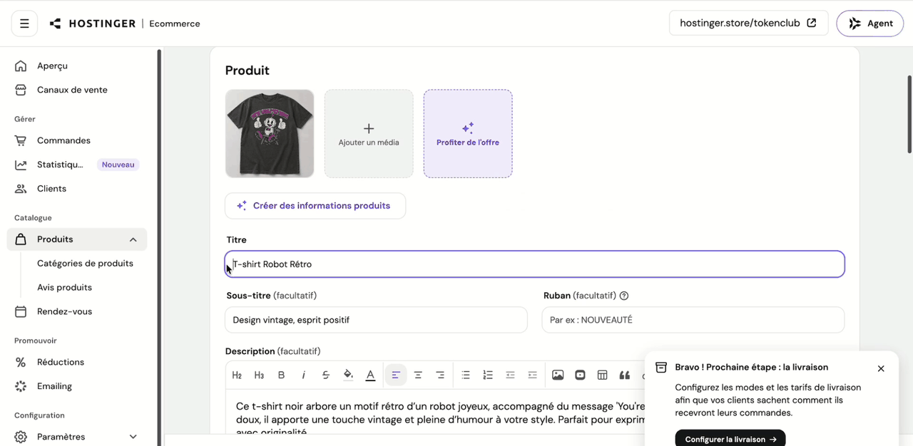 Création d'une fiche produit avec l'IA dans Hostinger Ecommerce