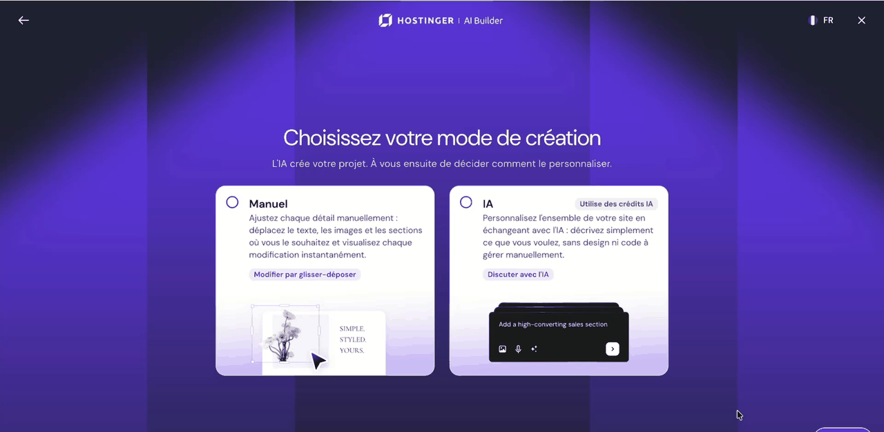 Choix du mode de création du site chez Hostinger