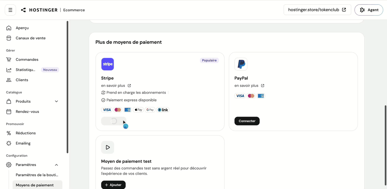 Moyens de paiement Stripe et PayPal dans Hostinger Ecommerce