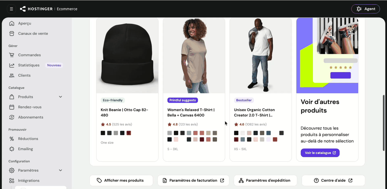 Catalogue Printful intégré à Hostinger Ecommerce