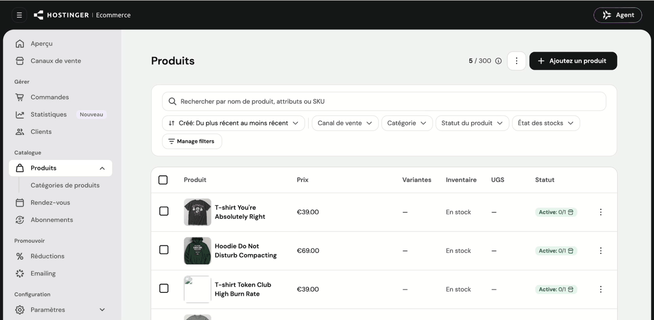 Liste des produits dans Hostinger Ecommerce