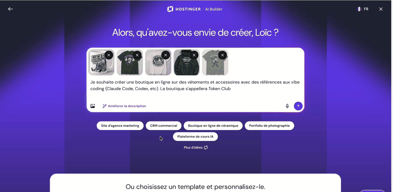 Prompt de création de la boutique dans le créateur IA Hostinger