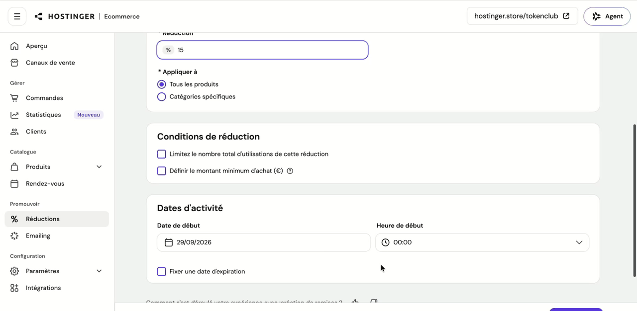 Création d'un code promo dans Hostinger Ecommerce