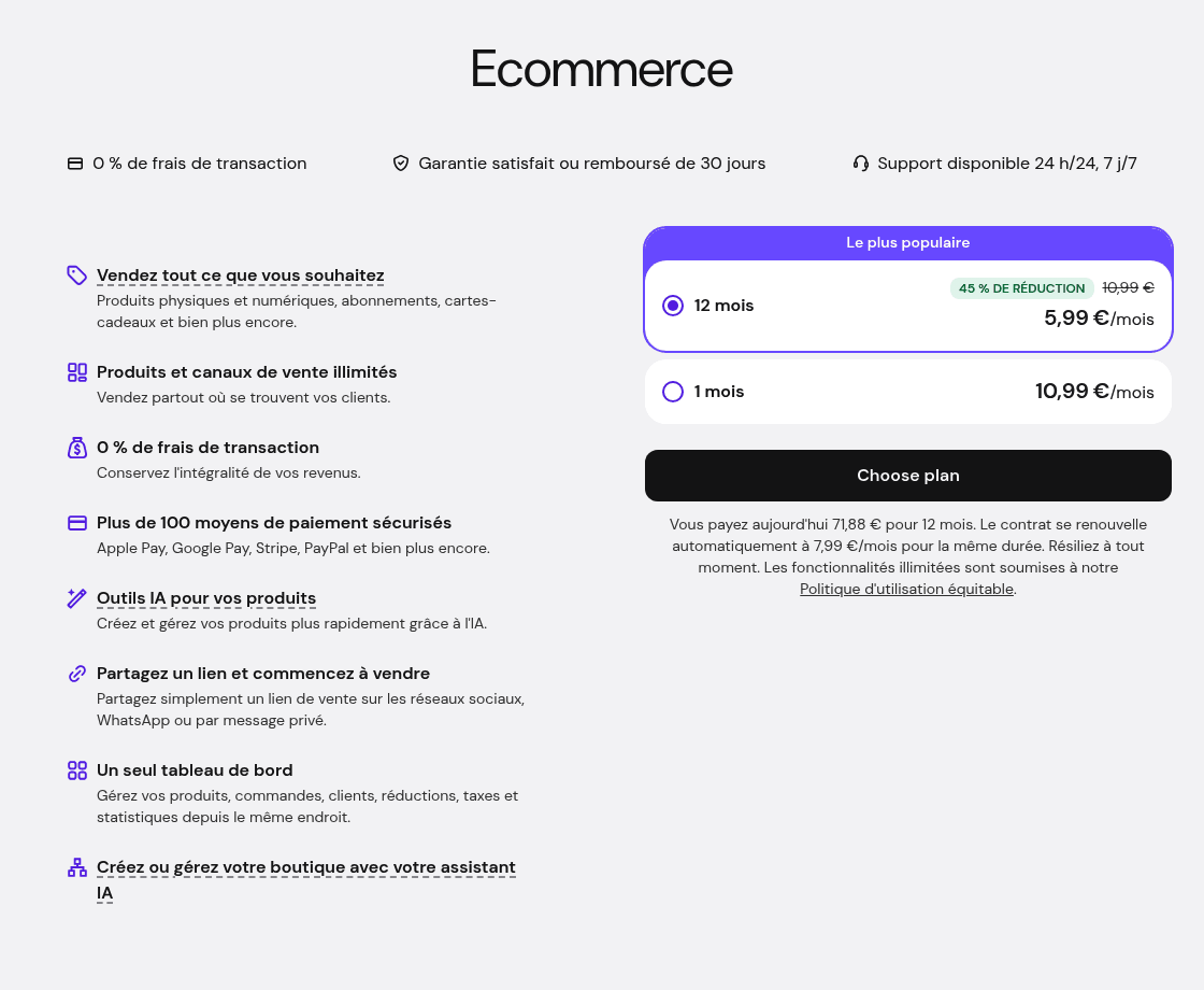 Tarifs de Hostinger Ecommerce