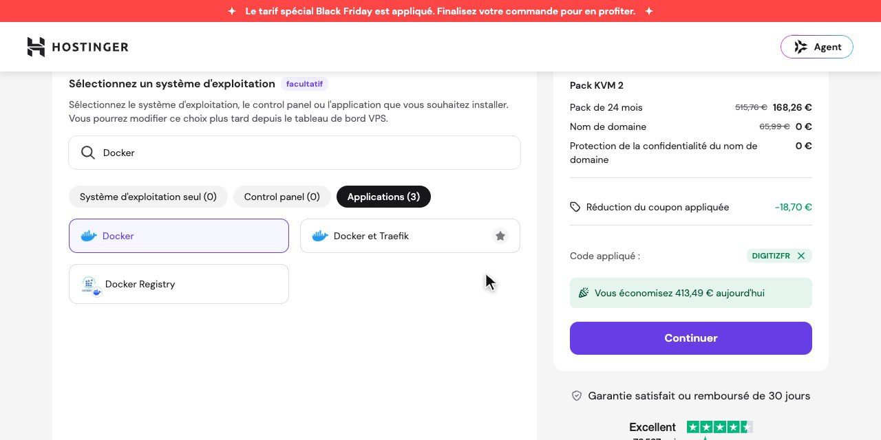 Panier Hostinger avec l'application Docker sélectionnée et le code DIGITIZFR appliqué sur le KVM 2