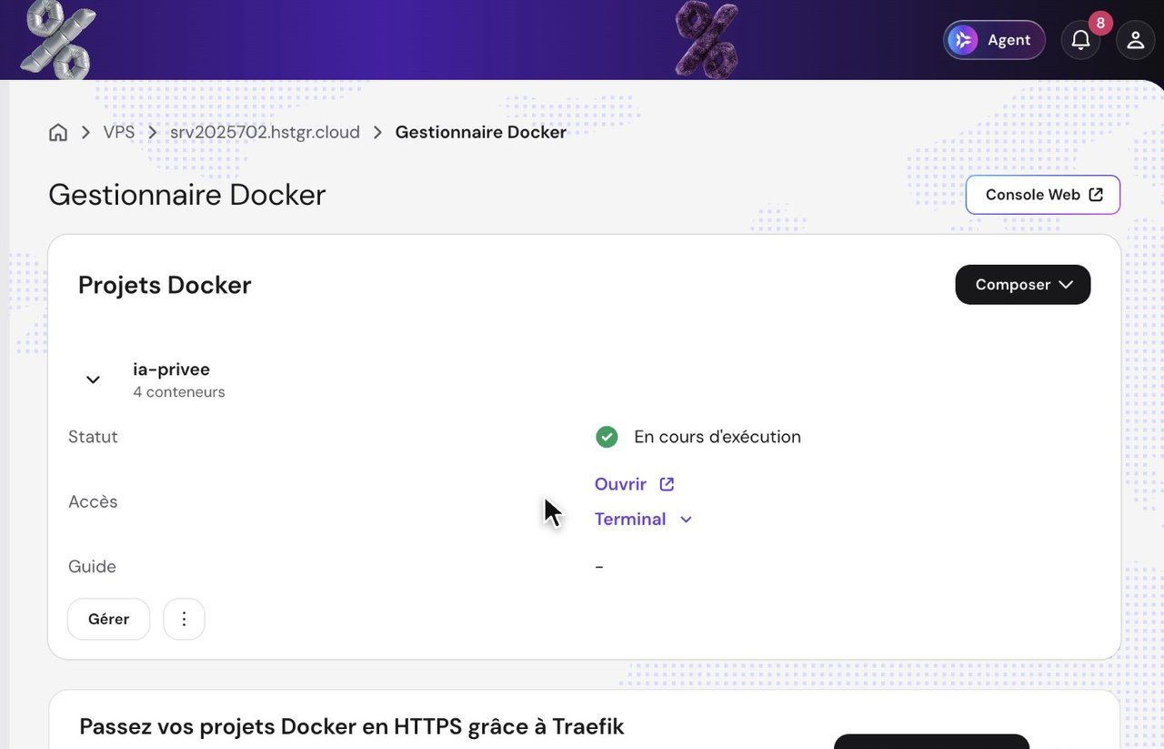 Gestionnaire Docker de hPanel avec le projet ia-privee et ses 4 conteneurs en cours d'exécution