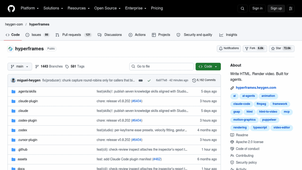 Capture d'écran du dépôt GitHub de HyperFrames