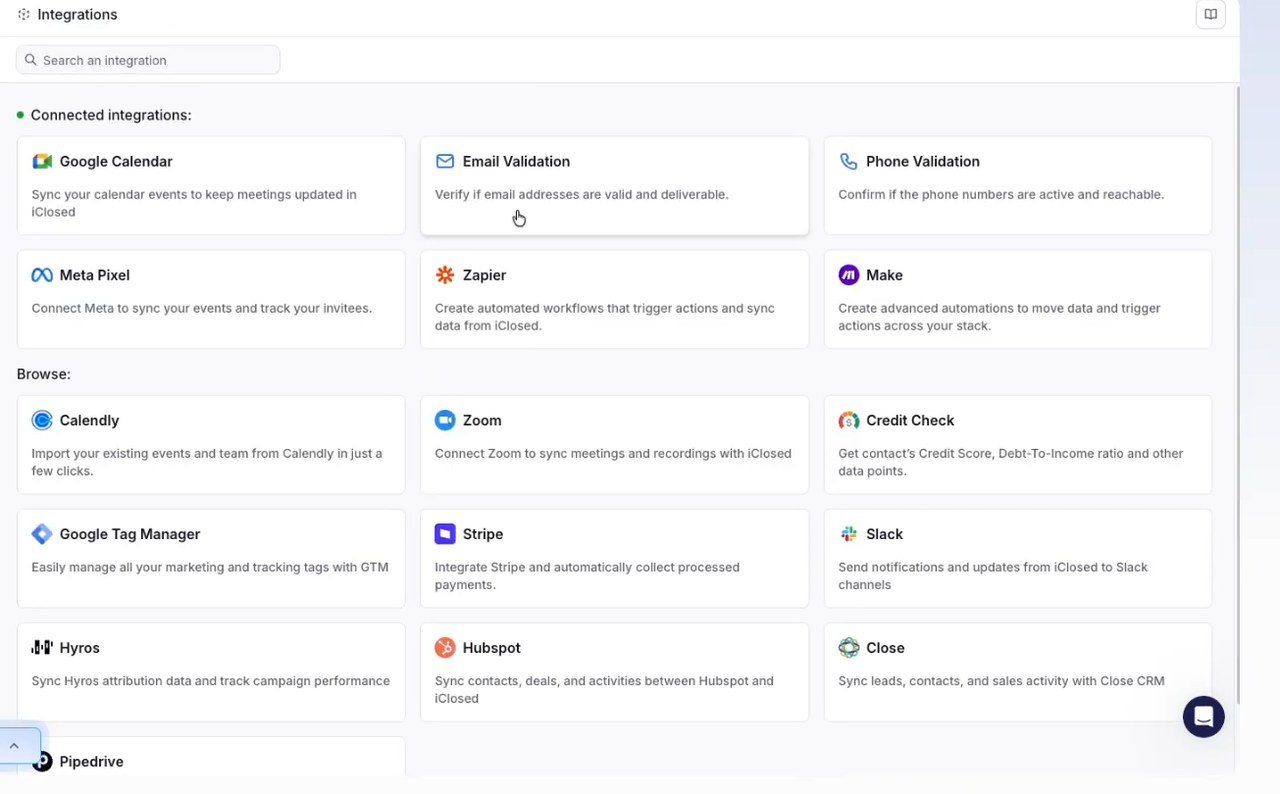 Intégrations d'iClosed : Google Agenda, Zoom, Calendly, Zapier, HubSpot et Stripe