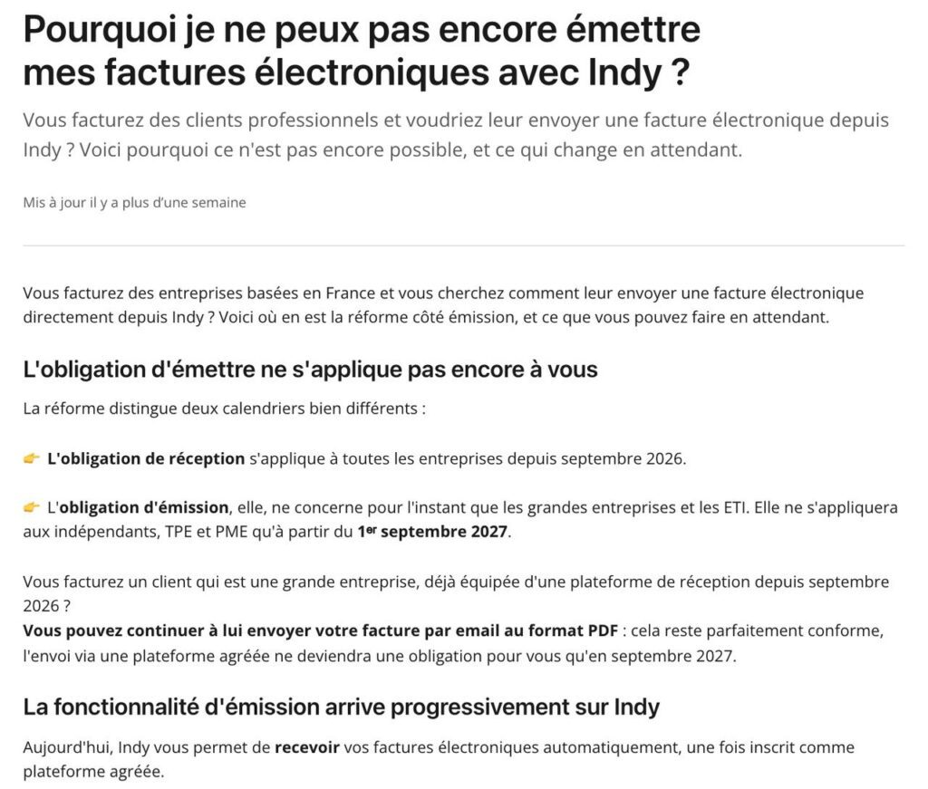 L'aide d'Indy explique que l'émission de factures électroniques n'est pas encore disponible