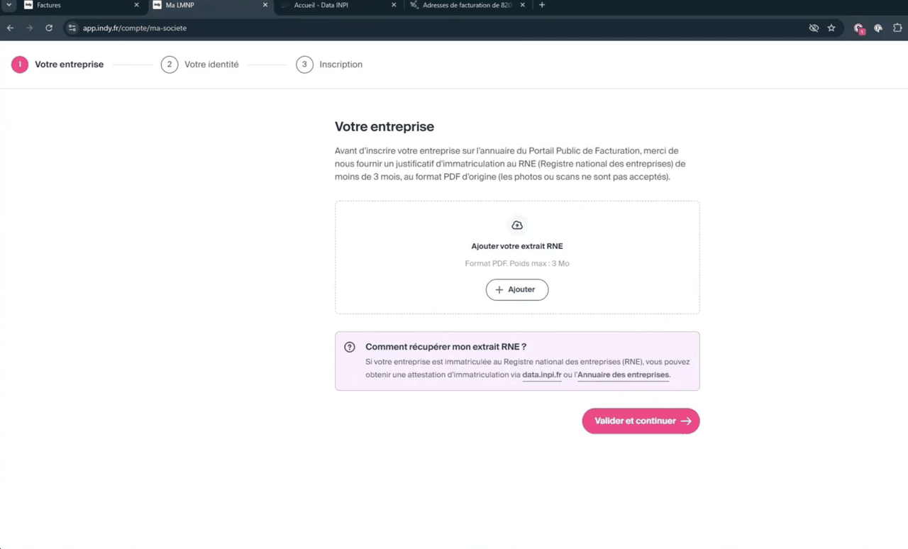 Inscription à la plateforme agréée Indy : dépôt du justificatif de l'entreprise