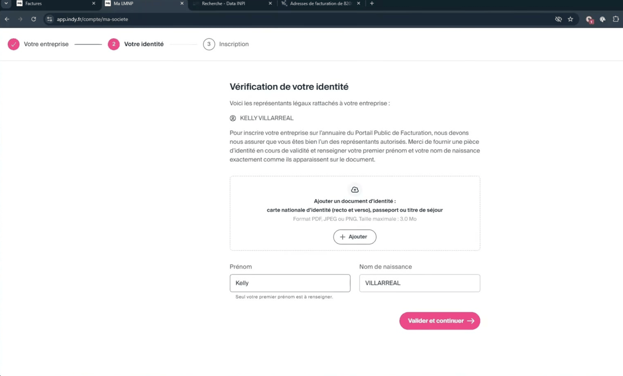 Inscription à la plateforme agréée Indy : vérification de l'identité du dirigeant