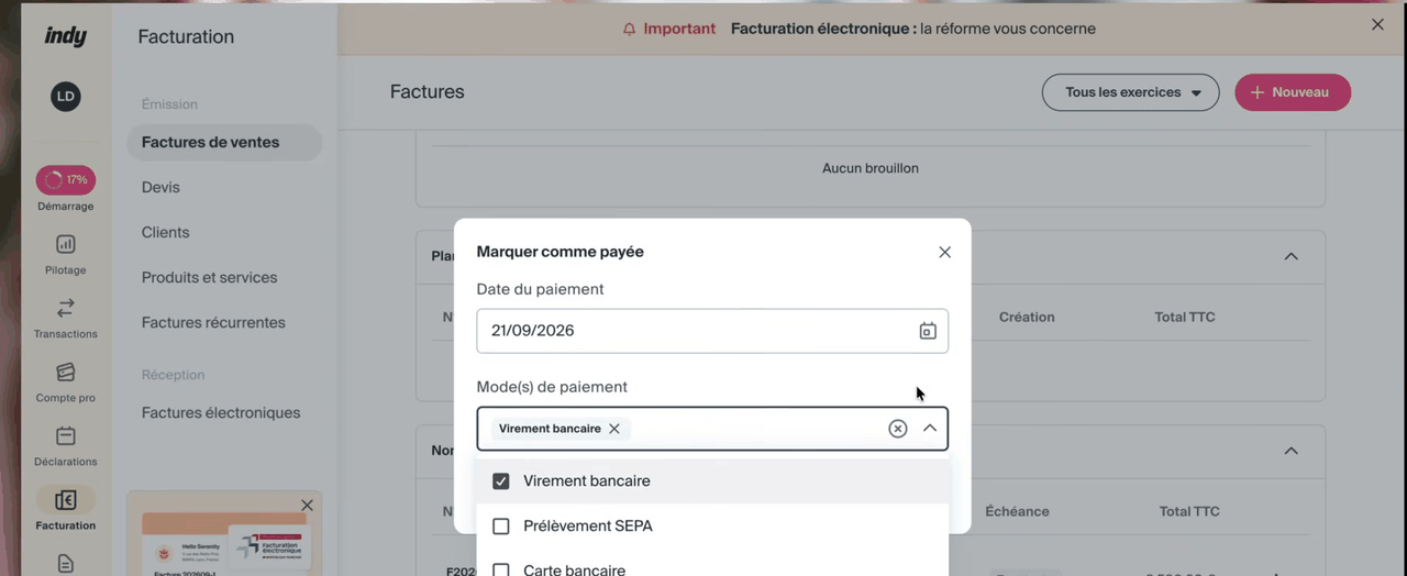 Facture marquée comme payée dans Indy avec le mode de paiement