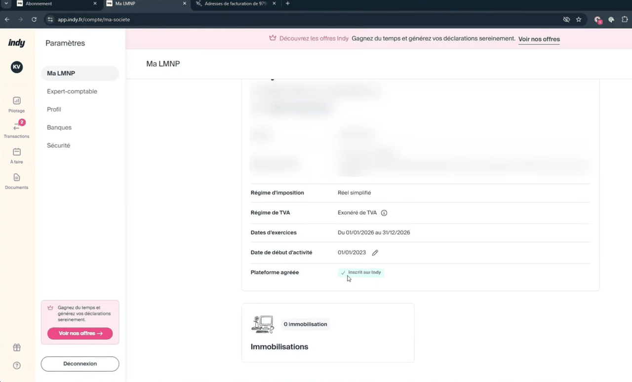 Espace Mon entreprise dans Indy avec la ligne Plateforme agréée
