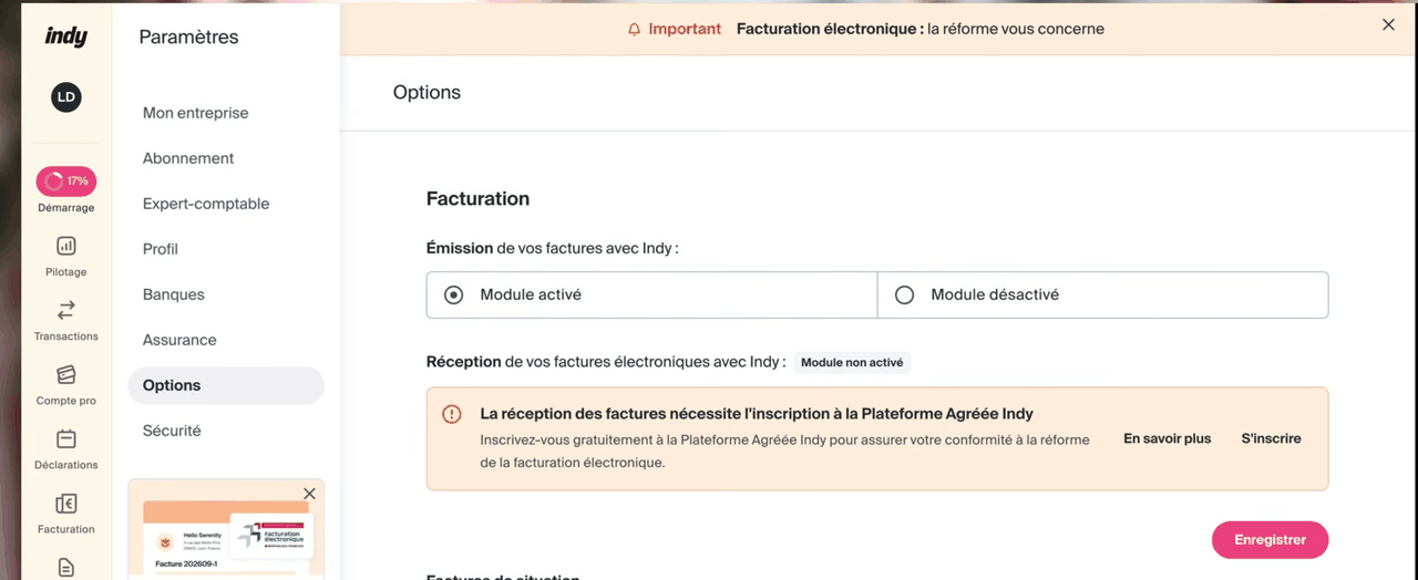 Options de facturation dans Indy : réception des factures électroniques non activée et bouton S'inscrire