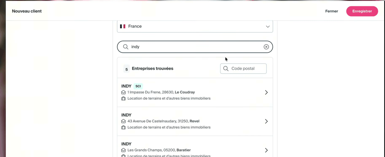 Recherche d'un client par son nom ou son SIRET lors de la création d'une facture dans Indy