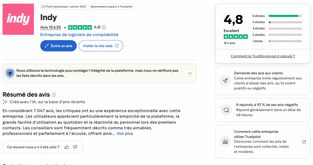 La note d'Indy sur Trustpilot : 4,8 sur 5