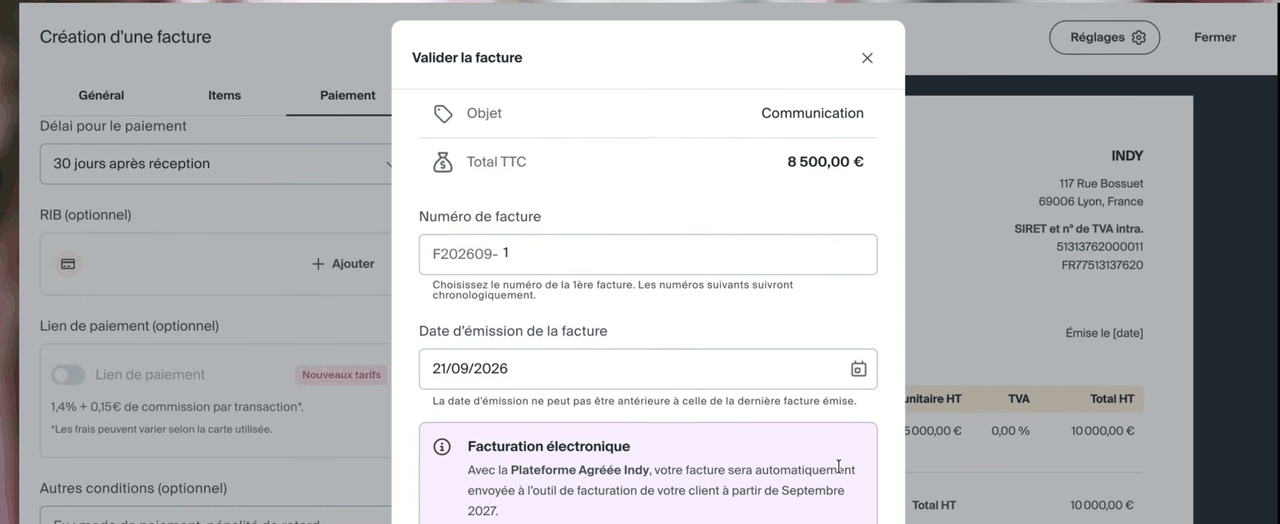 Validation d'une facture dans Indy avec l'encart sur l'envoi automatique à partir de septembre 2027