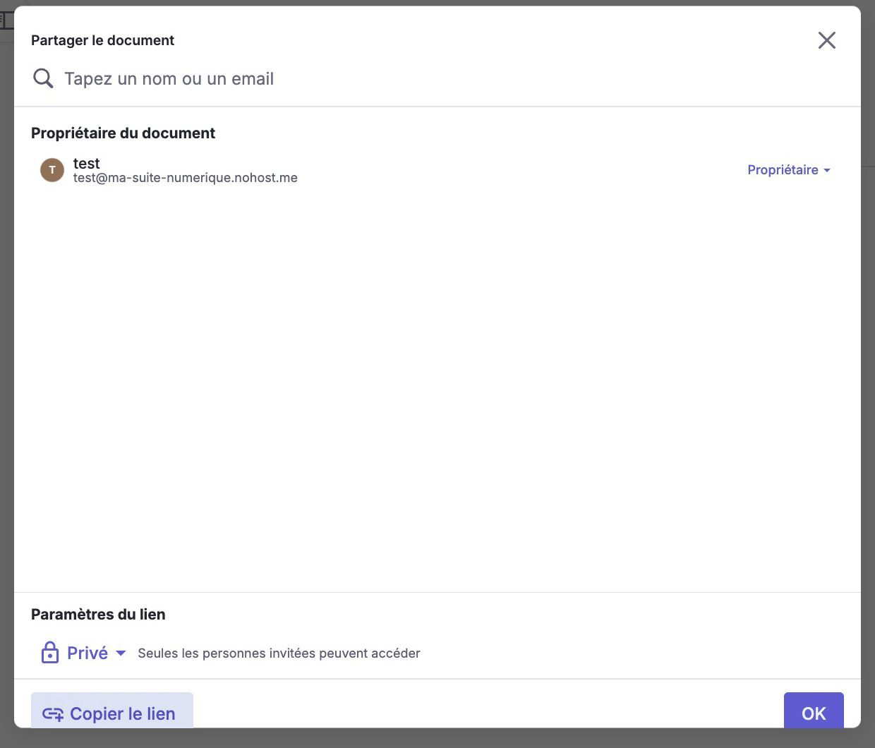 Fenêtre de partage d'un document dans Docs auto-hébergé