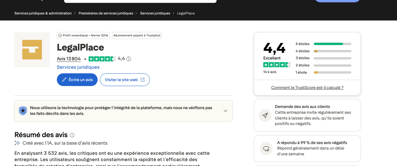 Note Trustpilot de LegalPlace : 4,4 sur 5
