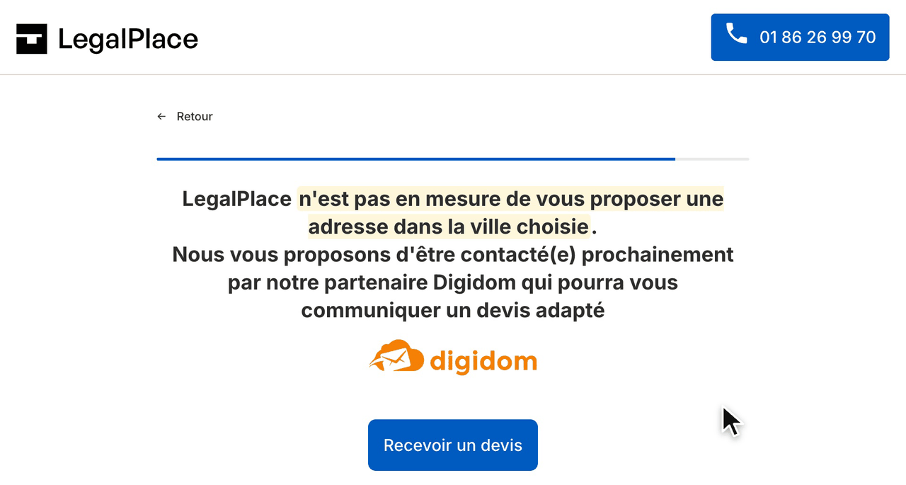 LegalPlace renvoie vers son partenaire Digidom pour une adresse hors de Paris