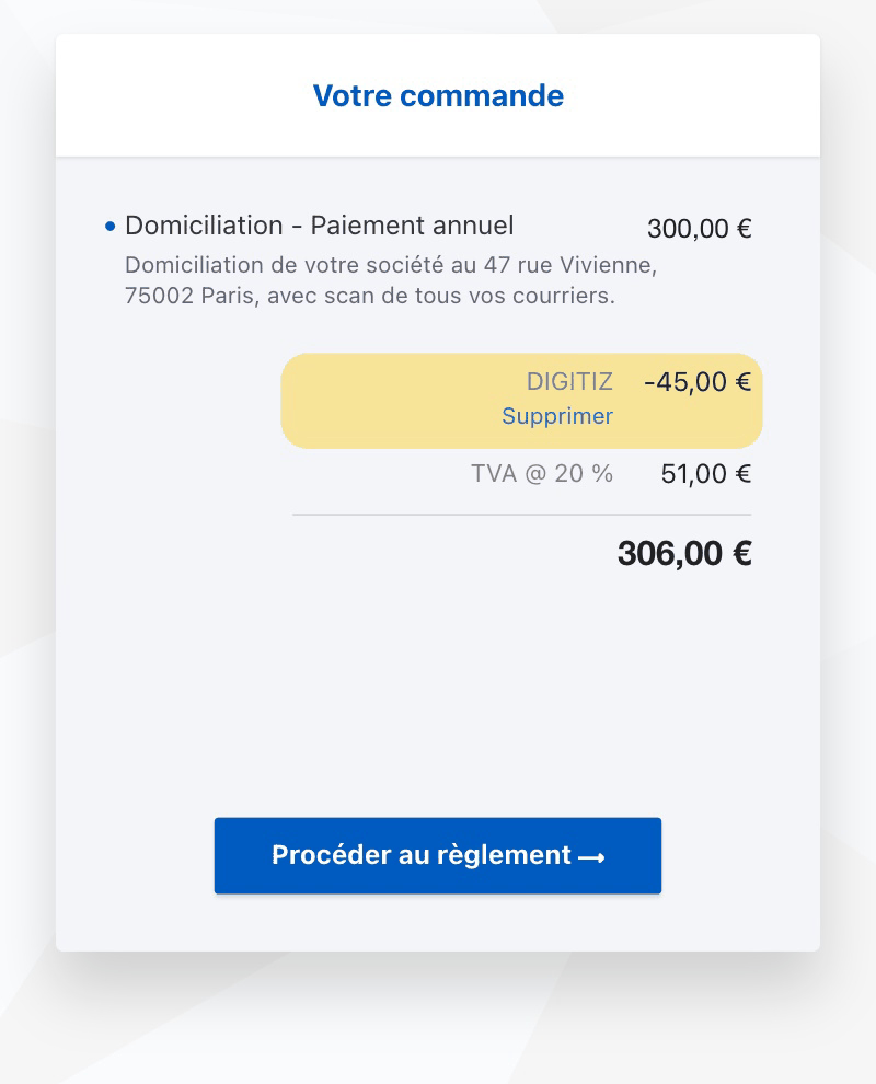 Panier LegalPlace avec le code DIGITIZ appliqué sur la domiciliation annuelle