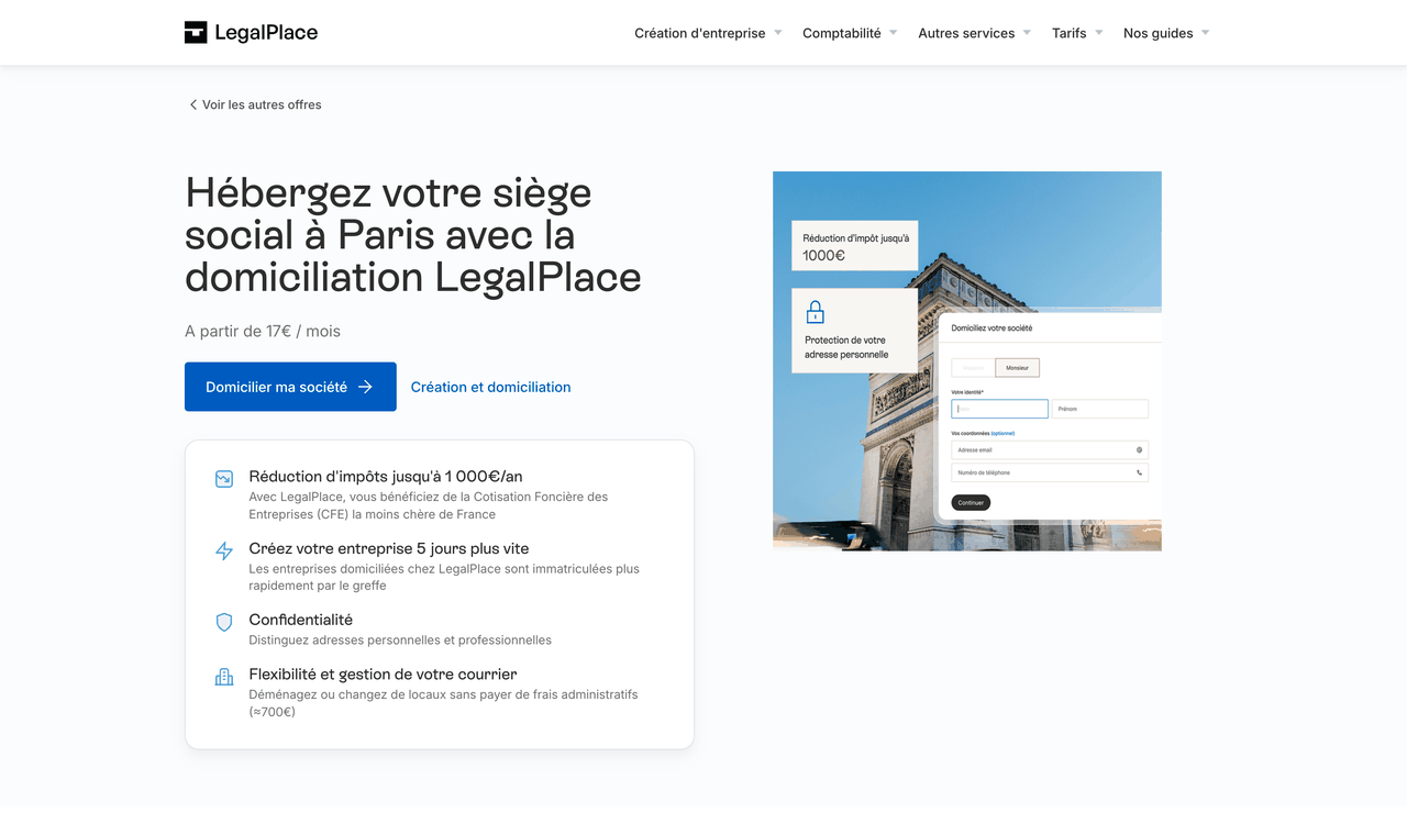 Page de domiciliation LegalPlace : siège social à Paris à partir de 17 € par mois