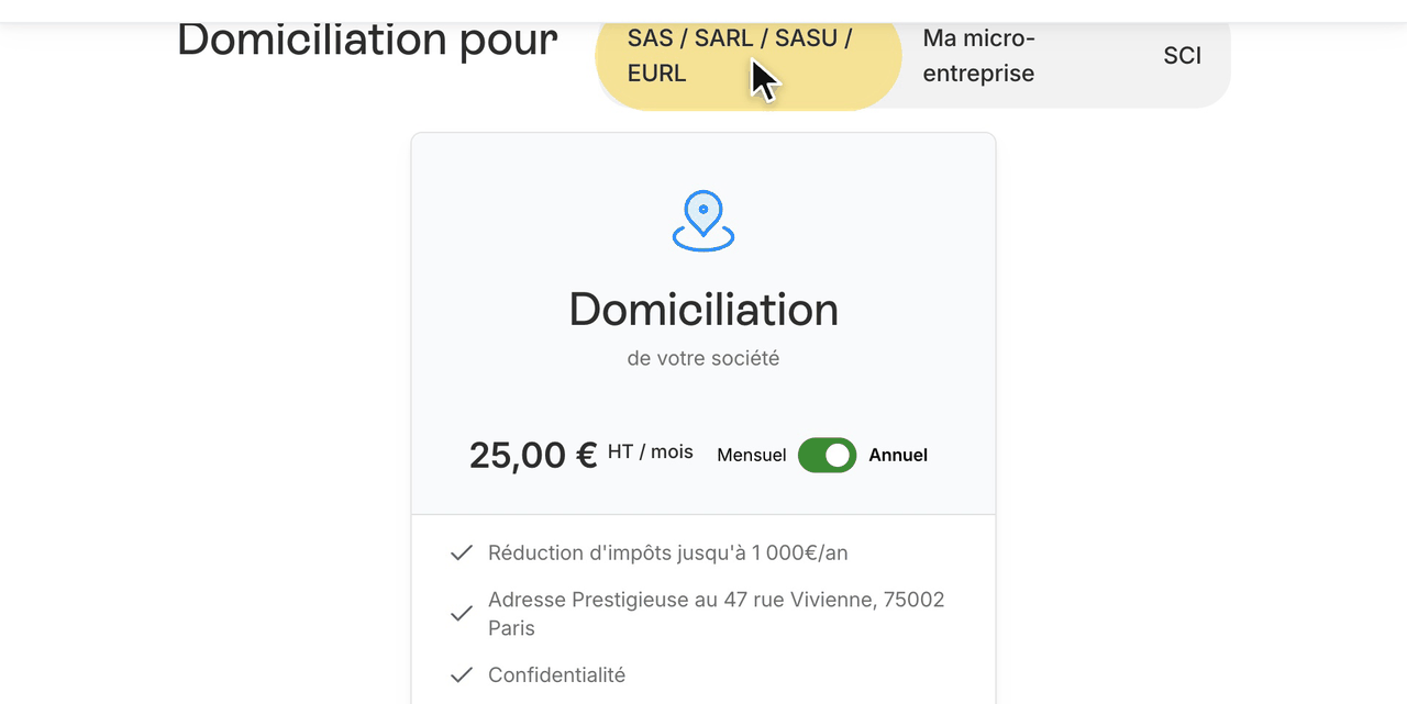 Prix de la domiciliation LegalPlace pour une société : 25 € HT par mois en annuel