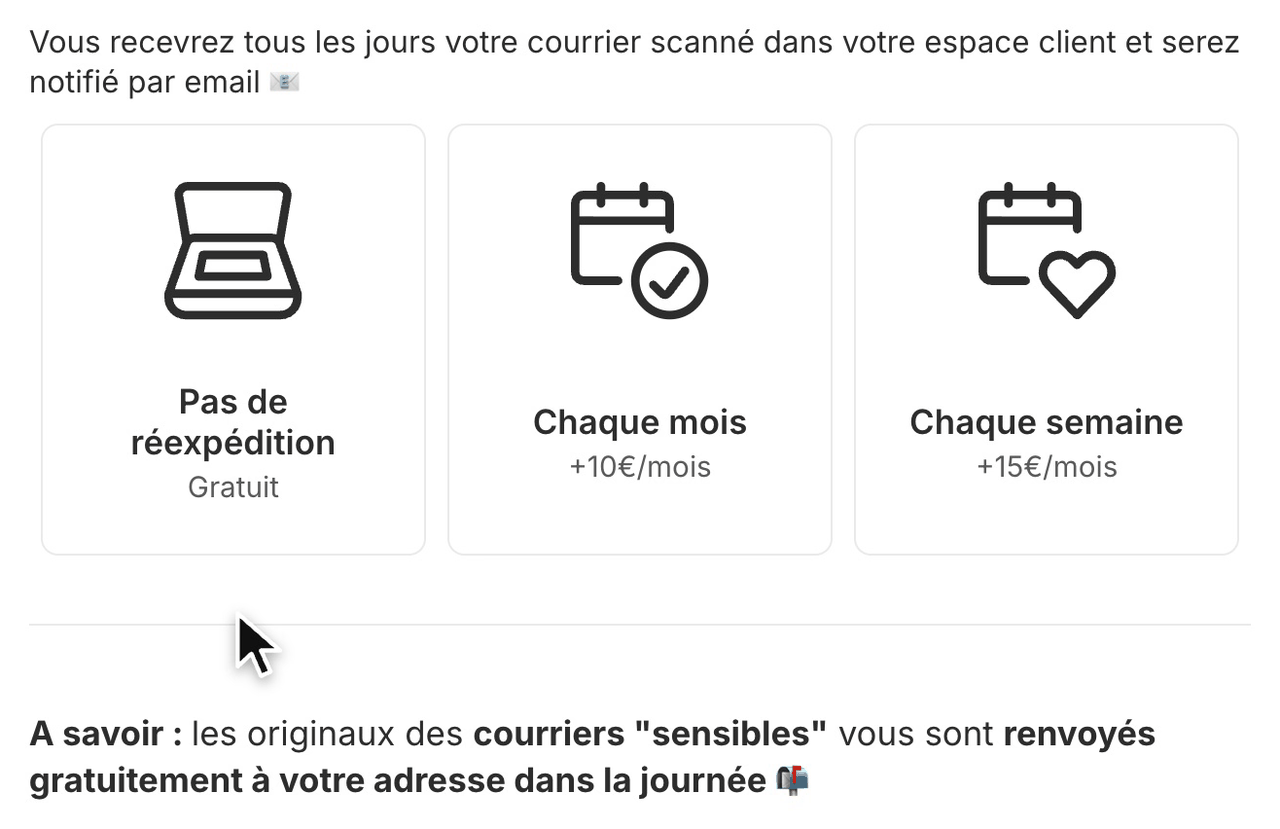 Options de réexpédition du courrier LegalPlace : gratuite, mensuelle à 10 € ou hebdomadaire à 15 €
