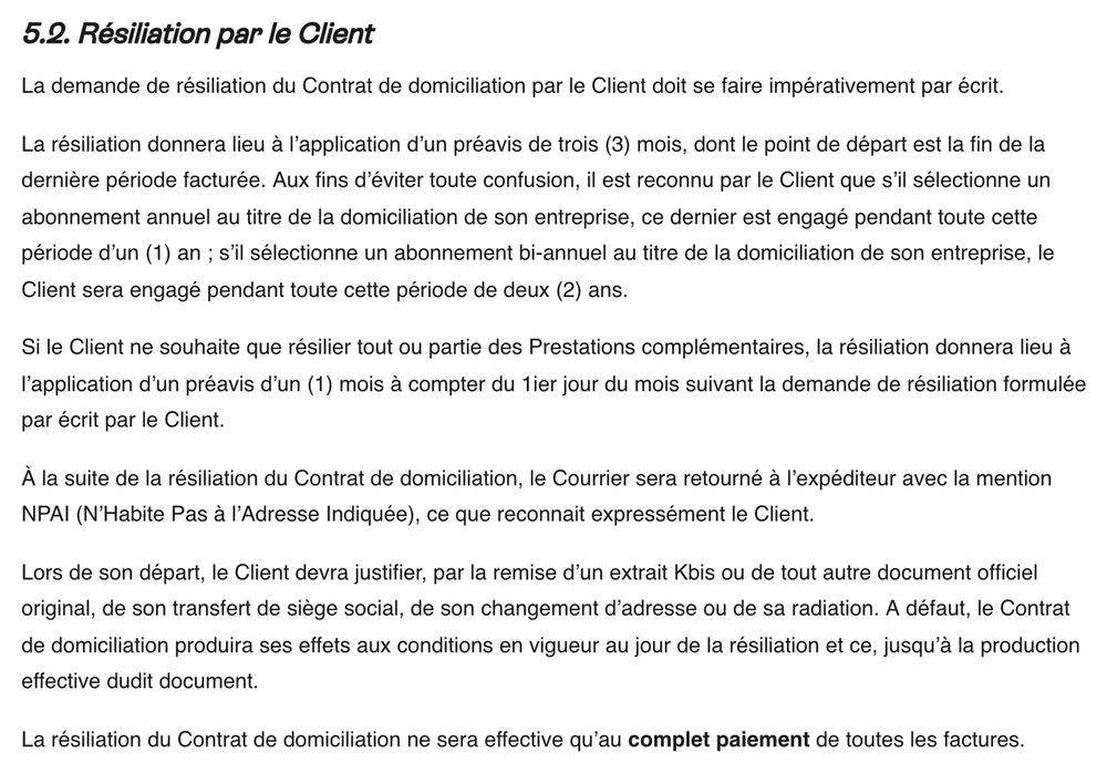 Conditions de résiliation du contrat de domiciliation LegalPlace