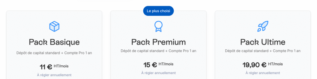 Packs compte pro LegalPlace avec dépôt de capital, à partir de 11 euros HT par mois réglés à l'année