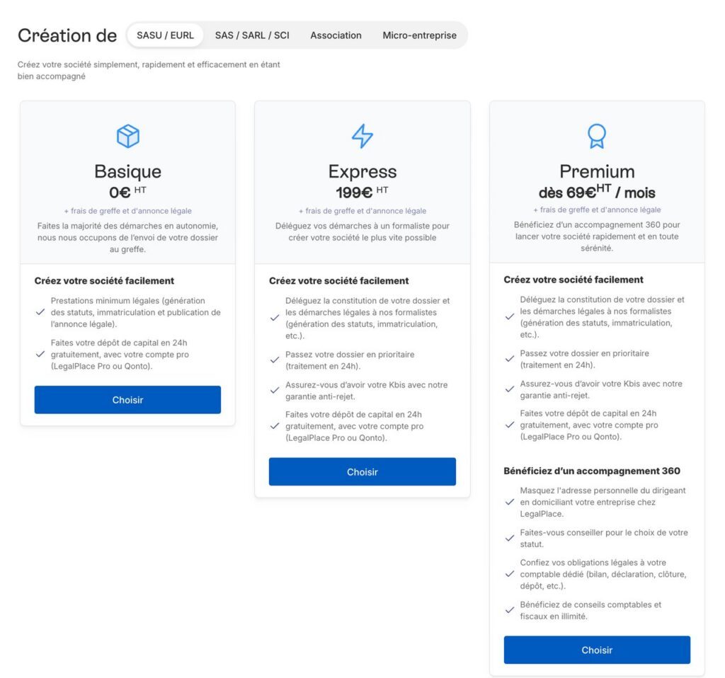 Les trois formules de création de société chez LegalPlace : Basique à 0 euro, Express à 199 euros HT et Premium dès 69 euros HT par mois