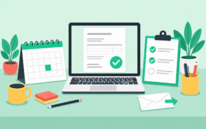 Bureau avec un ordinateur affichant une facture validée, un calendrier et une checklist de préparation
